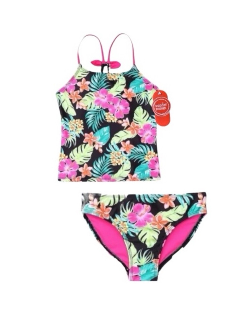 Wonder Nation Black and Pink Tropical Halter Tankini Bikini Set Floral Design